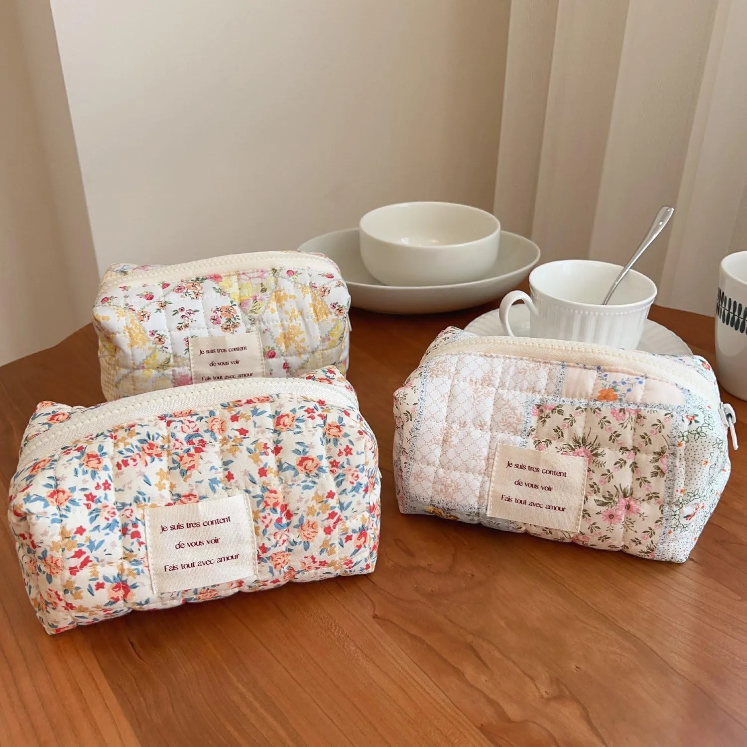 Small Quilted Cotton Makeup bag, Cute Floral Cosmetic bag, Cotton Aesthetic Makeup Pouch, Large Capacity Travel Toiletry Bag for Women and Girls (Z02#Yellow Flower)