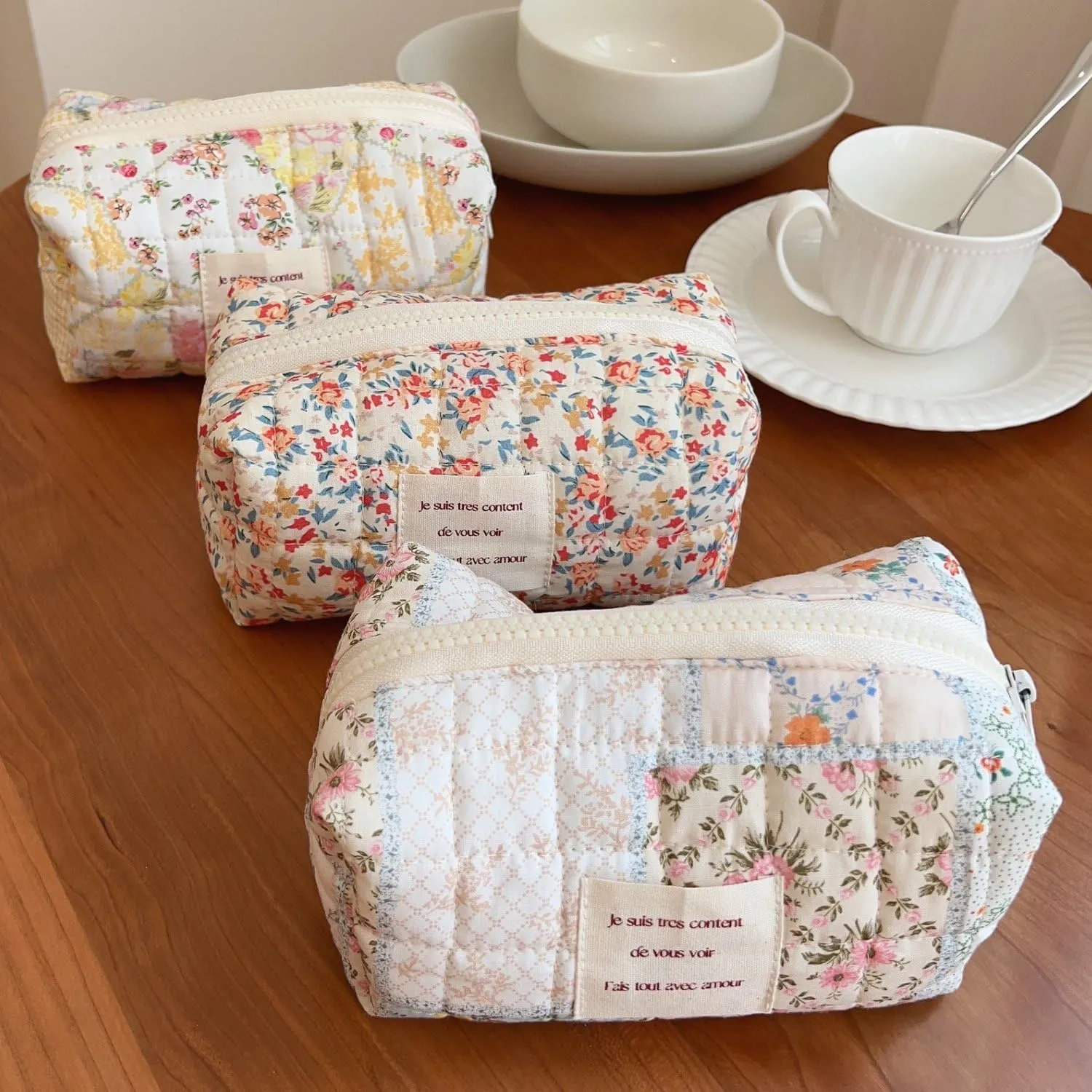 Small Quilted Cotton Makeup bag, Cute Floral Cosmetic bag, Cotton Aesthetic Makeup Pouch, Large Capacity Travel Toiletry Bag for Women and Girls (Z02#Yellow Flower)