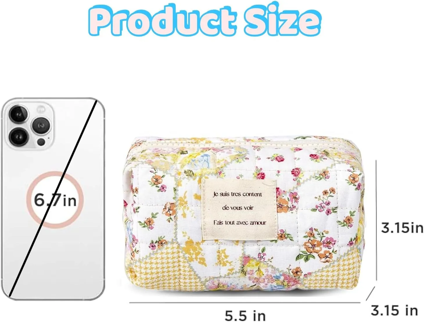 Small Quilted Cotton Makeup bag, Cute Floral Cosmetic bag, Cotton Aesthetic Makeup Pouch, Large Capacity Travel Toiletry Bag for Women and Girls (Z02#Yellow Flower)