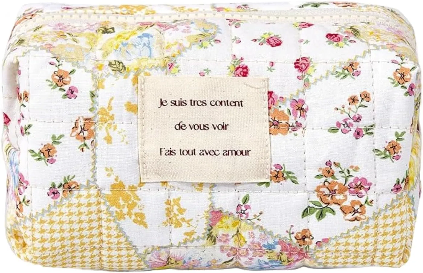 Small Quilted Cotton Makeup bag, Cute Floral Cosmetic bag, Cotton Aesthetic Makeup Pouch, Large Capacity Travel Toiletry Bag for Women and Girls (Z02#Yellow Flower)