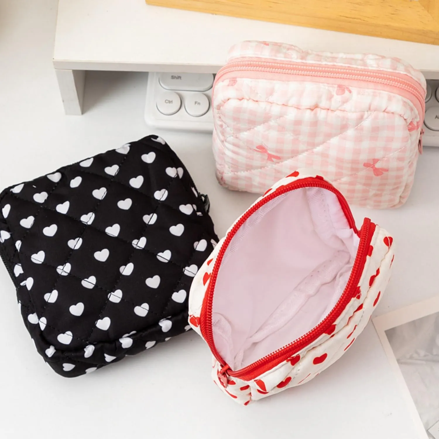 Small Quilted Makeup Bag for Purse, Mini Coquette Aesthetic Travel Bag Cute Cosmetic Pouch with Inner Pockets Bowknot Toiletry Organizer Storage Case (Blue)