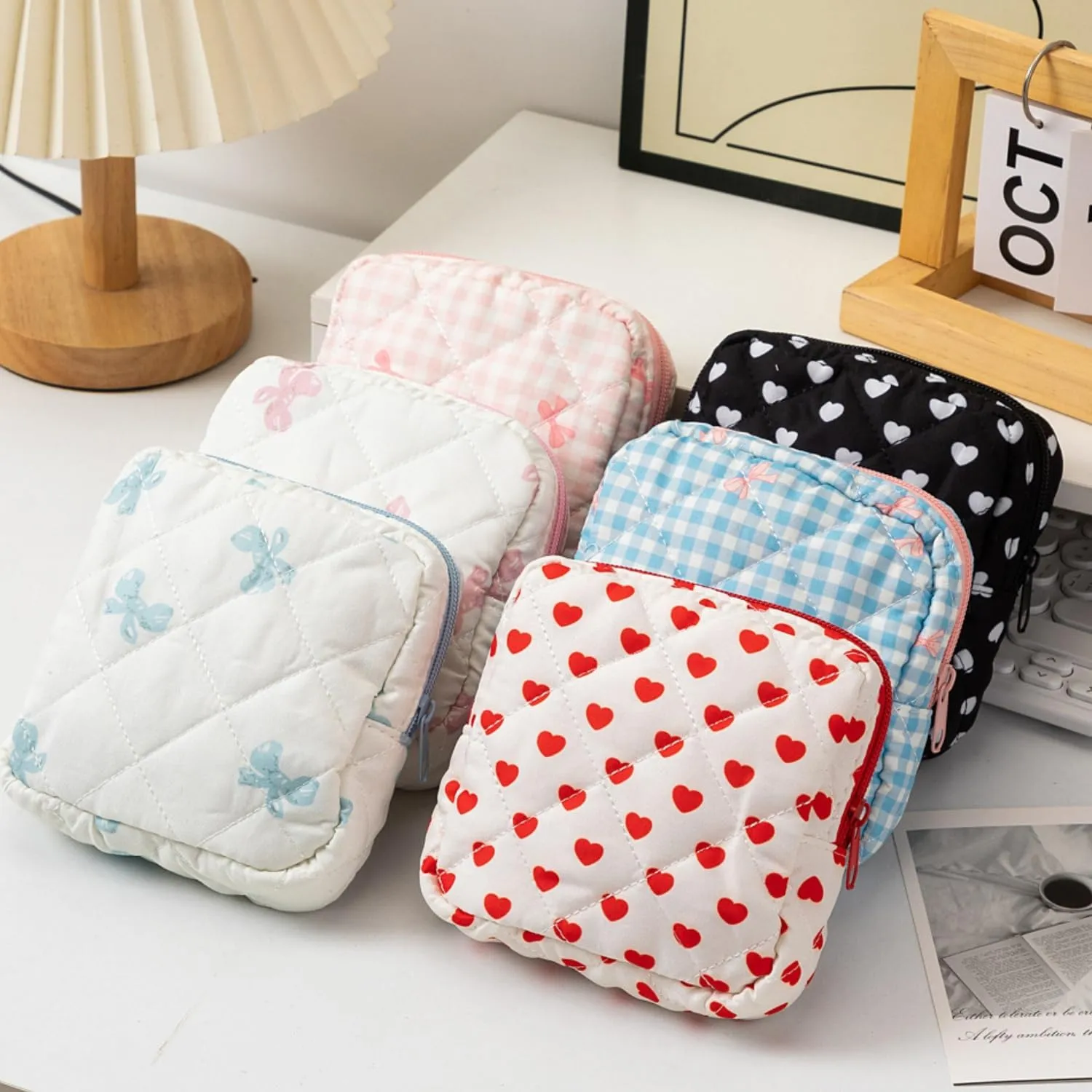 Small Quilted Makeup Bag for Purse, Mini Coquette Aesthetic Travel Bag Cute Cosmetic Pouch with Inner Pockets Bowknot Toiletry Organizer Storage Case (Blue)