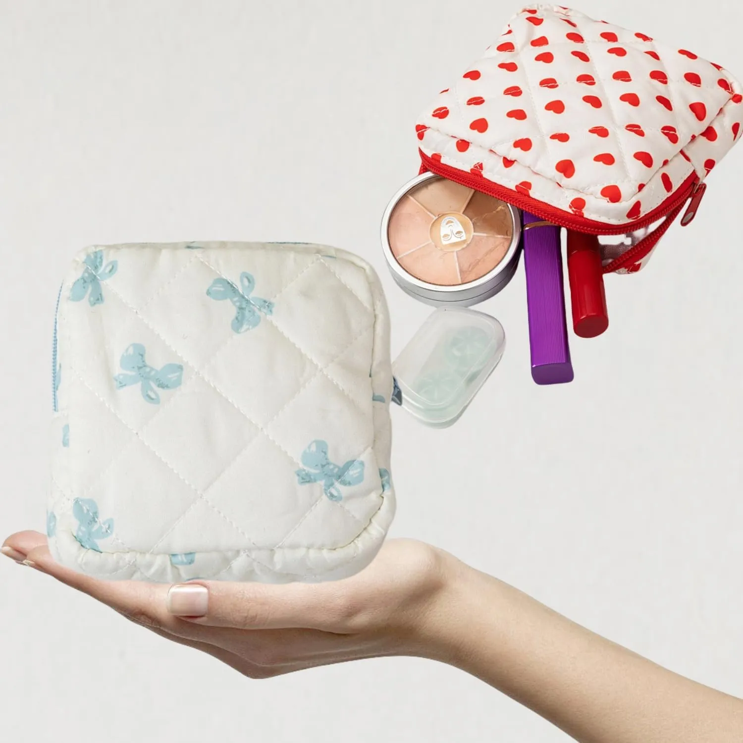 Small Quilted Makeup Bag for Purse, Mini Coquette Aesthetic Travel Bag Cute Cosmetic Pouch with Inner Pockets Bowknot Toiletry Organizer Storage Case (Blue)