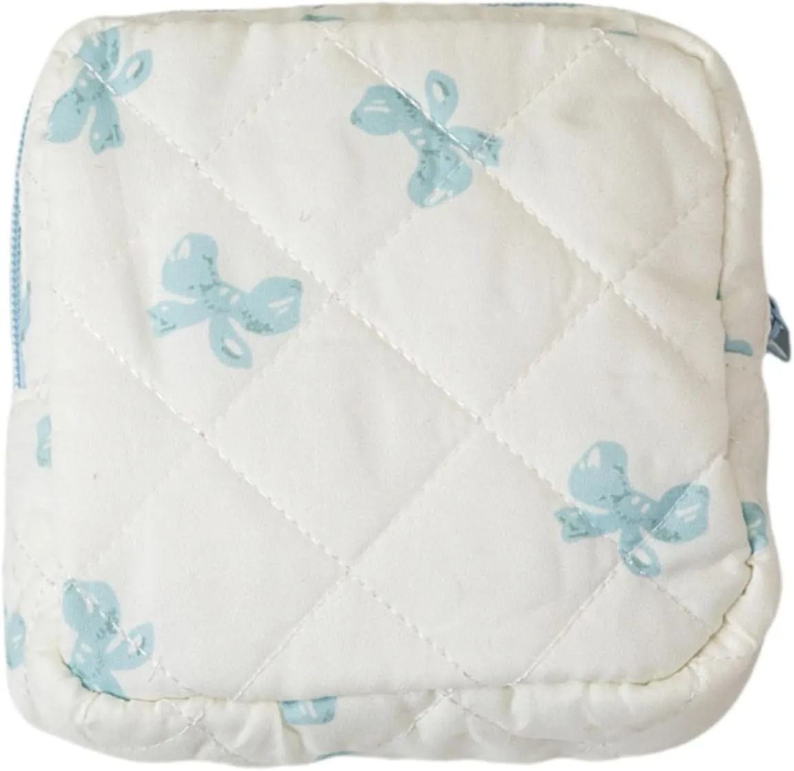 Small Quilted Makeup Bag for Purse, Mini Coquette Aesthetic Travel Bag Cute Cosmetic Pouch with Inner Pockets Bowknot Toiletry Organizer Storage Case (Blue)