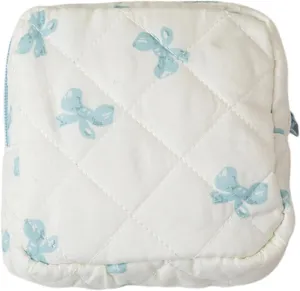 Small Quilted Makeup Bag for Purse, Mini Coquette Aesthetic Travel Bag Cute Cosmetic Pouch with Inner Pockets Bowknot Toiletry Organizer Storage Case (Blue)