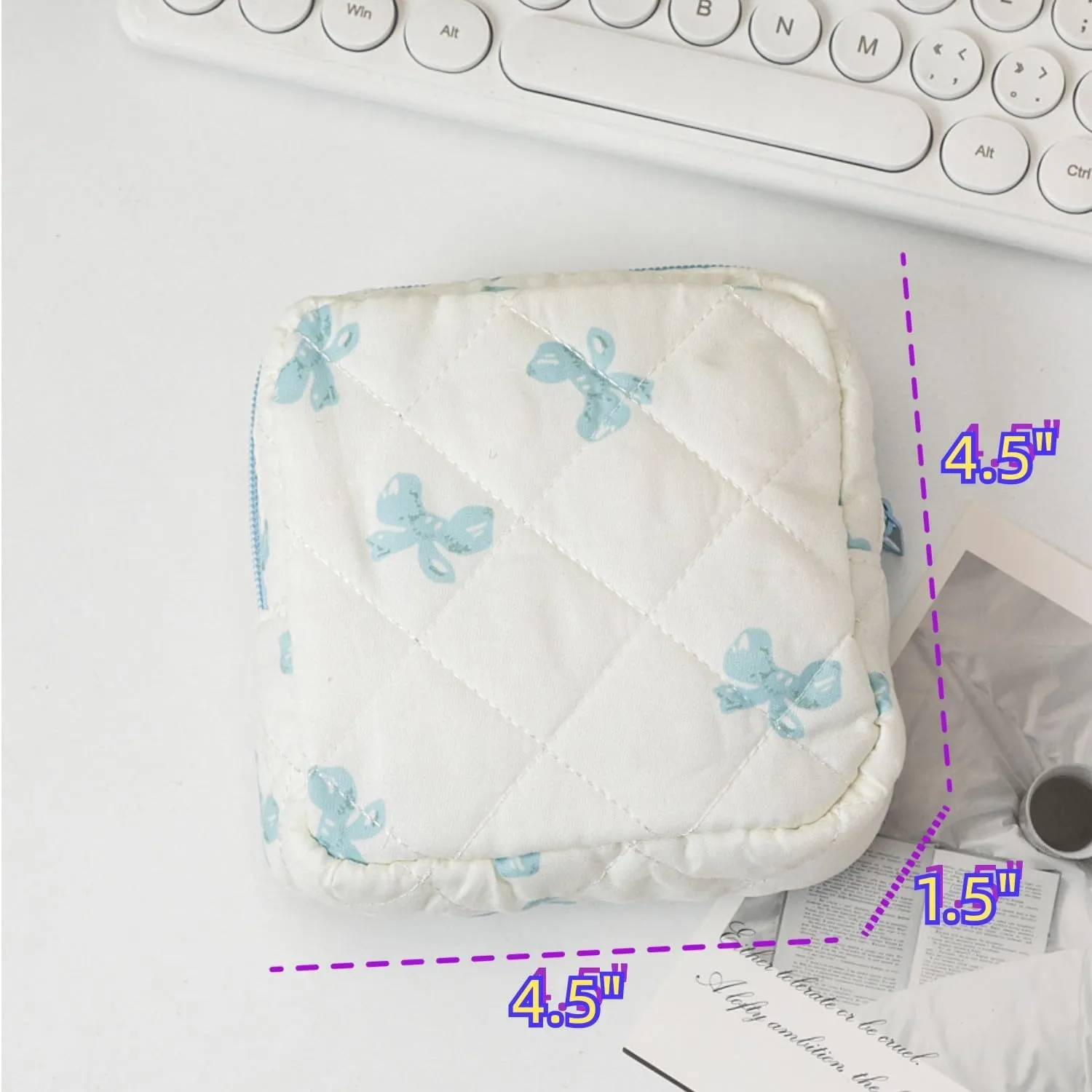 Small Quilted Makeup Bag for Purse, Mini Coquette Aesthetic Travel Bag Cute Cosmetic Pouch with Inner Pockets Bowknot Toiletry Organizer Storage Case (Blue)