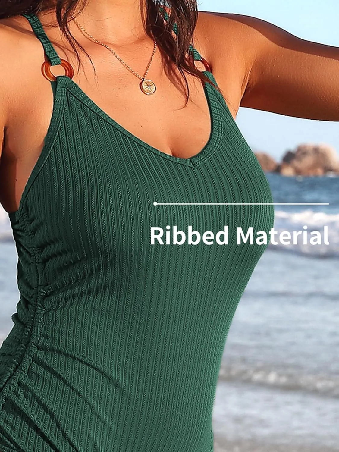 SOCIALA Ribbed One Piece Swimsuits for Women Adjustable Tie Side Tummy Control Bathing Suits High Cut Padded Monokinis