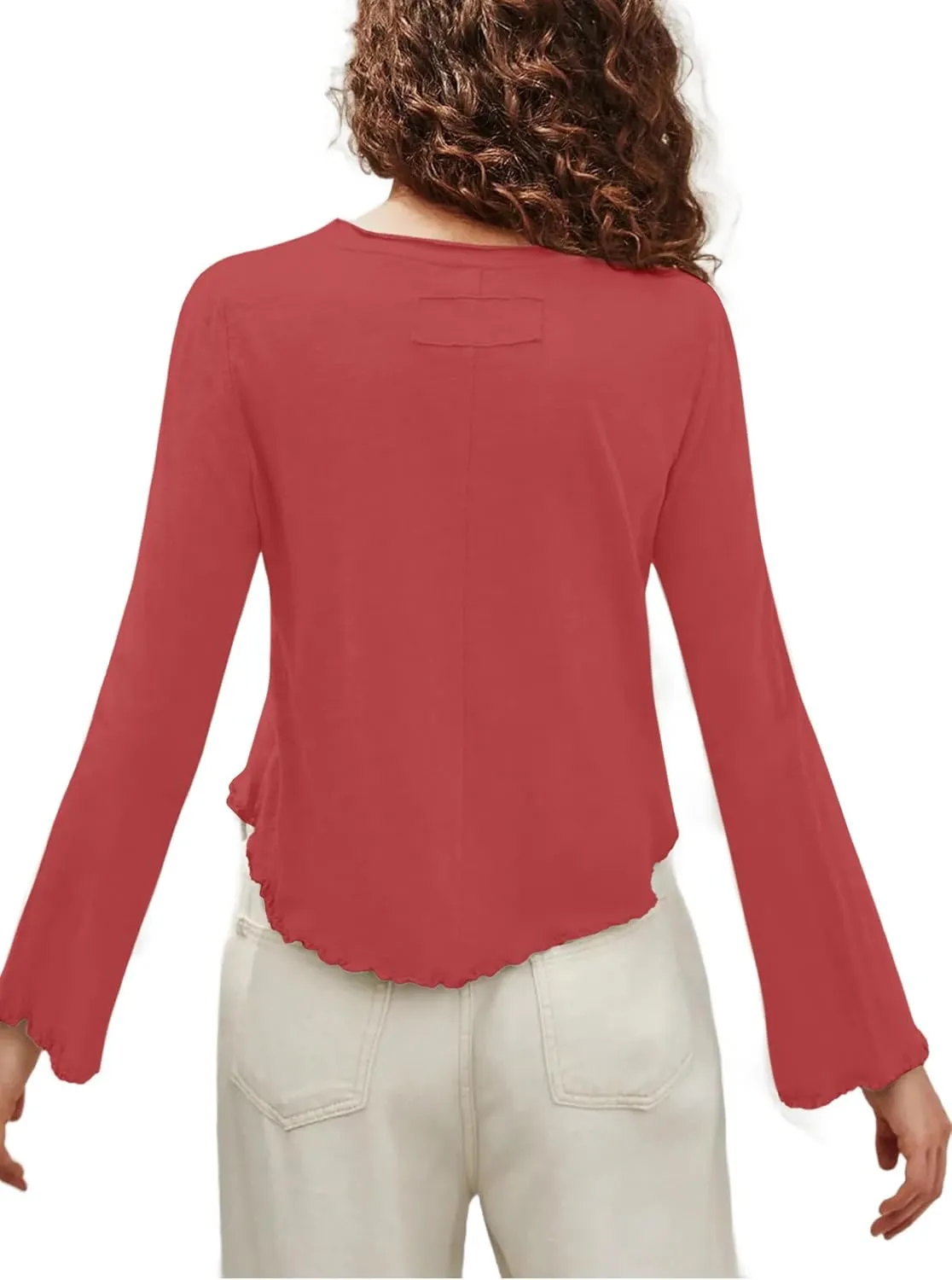 SOFIA'S CHOICE Women's Flare Long Sleeve Crop Top T Shirt Crewneck Lettuce Trim Tops
