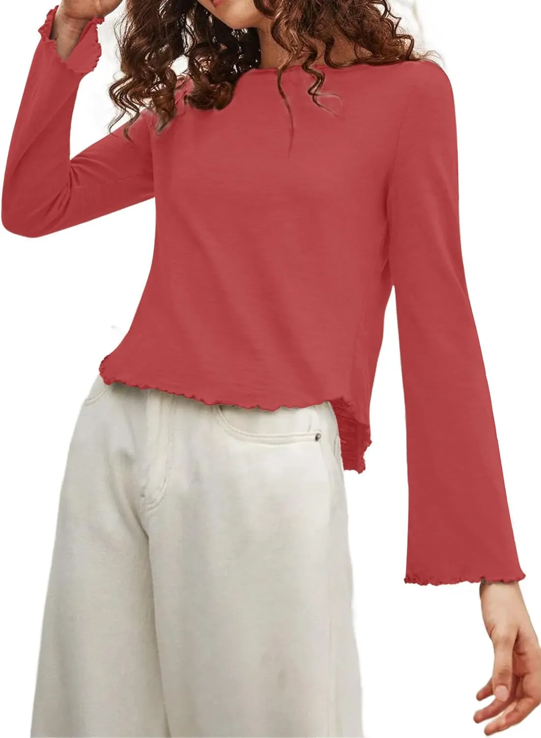 SOFIA'S CHOICE Women's Flare Long Sleeve Crop Top T Shirt Crewneck Lettuce Trim Tops
