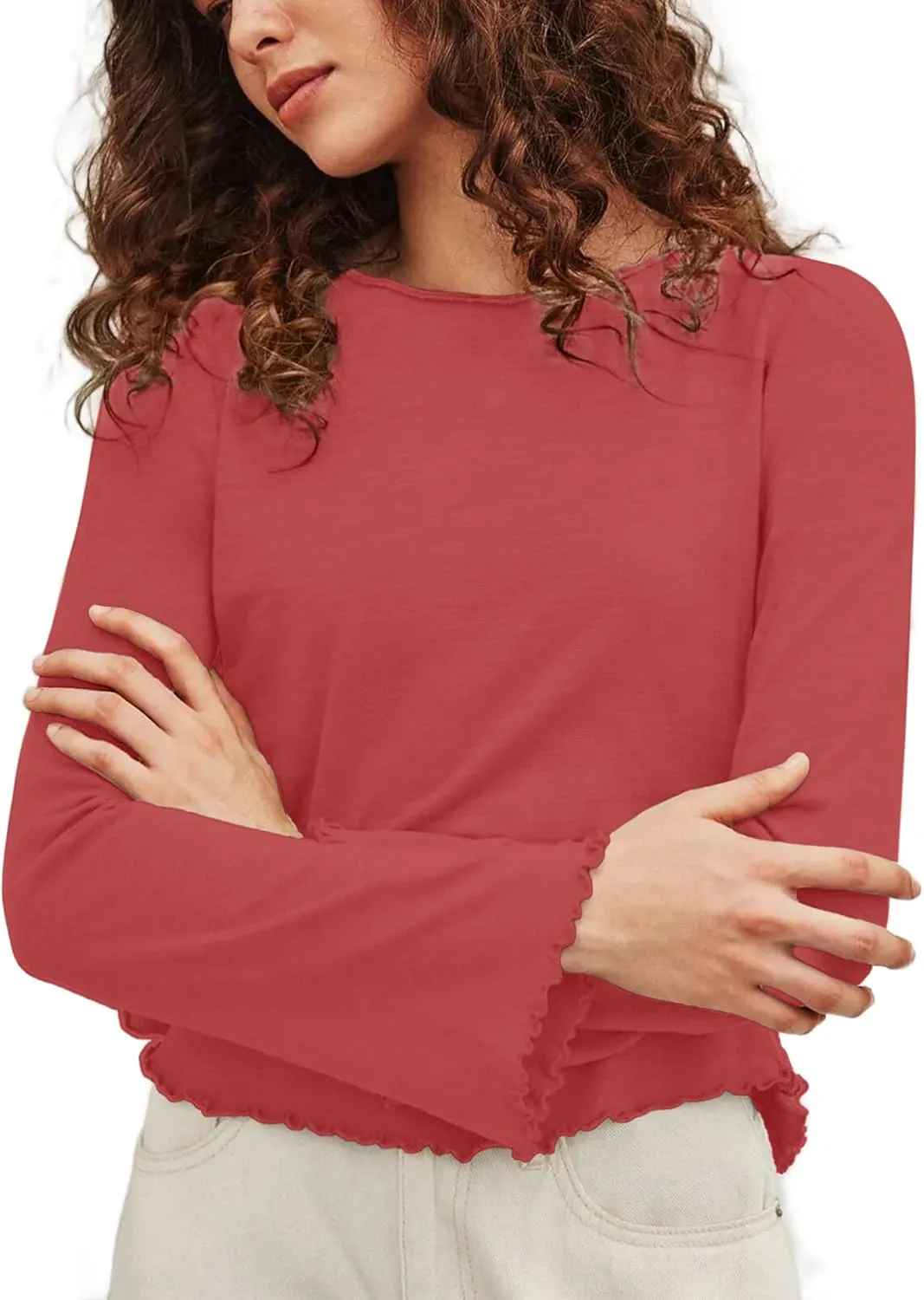 SOFIA'S CHOICE Women's Flare Long Sleeve Crop Top T Shirt Crewneck Lettuce Trim Tops