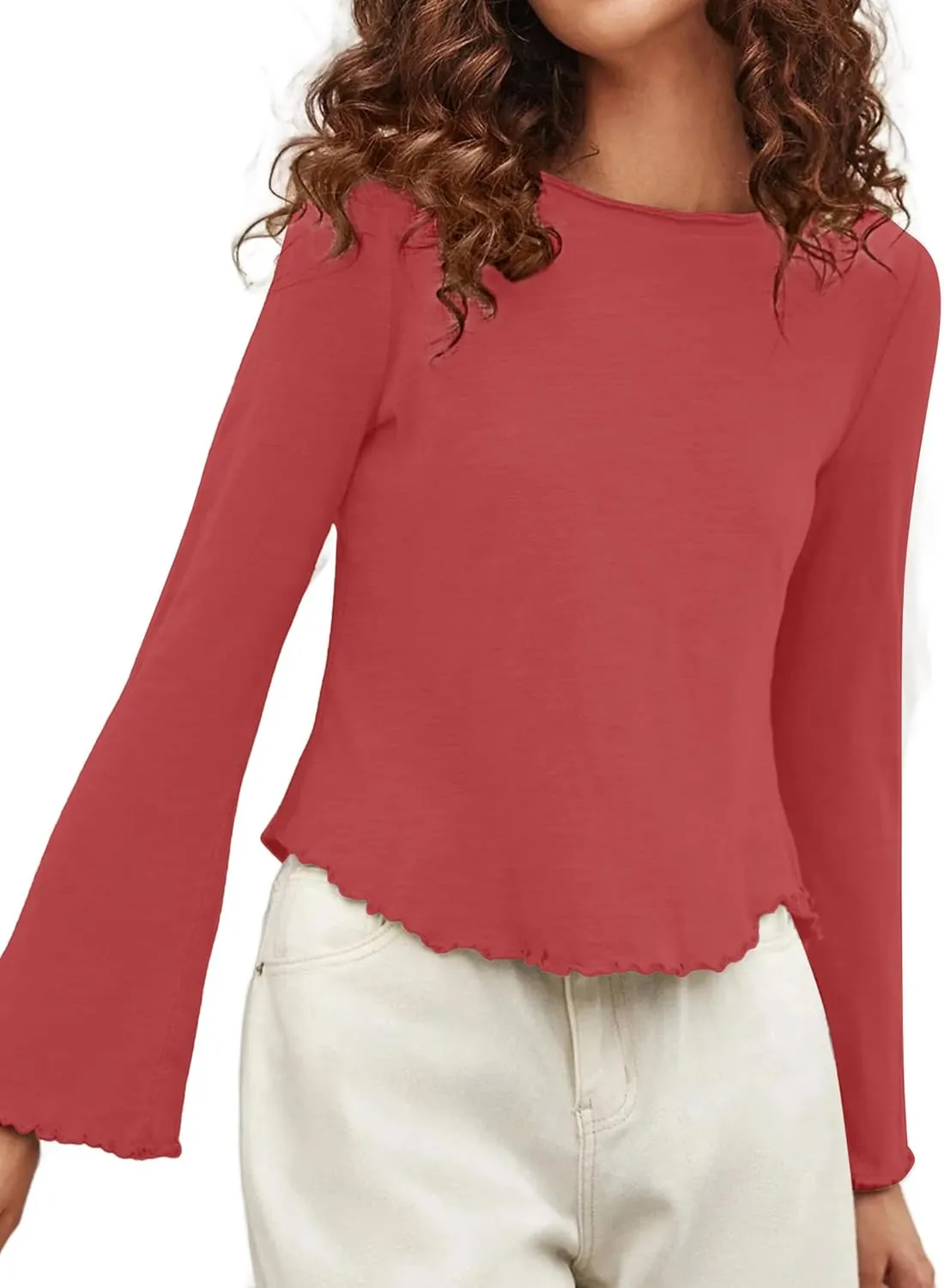 SOFIA'S CHOICE Women's Flare Long Sleeve Crop Top T Shirt Crewneck Lettuce Trim Tops