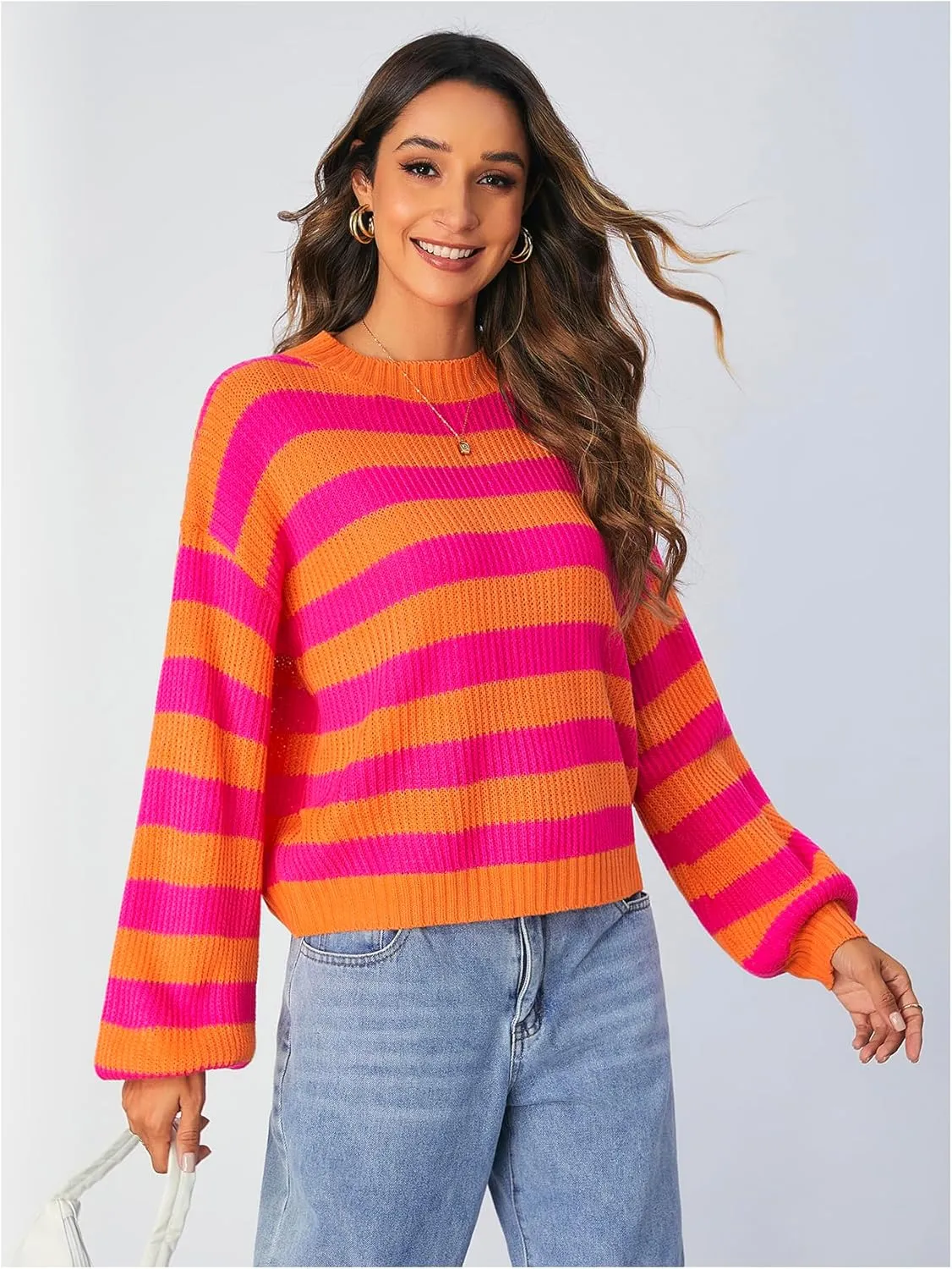 SOLY HUX Women's Color Block Striped Knit Tops Casual Long Sleeve Drop Shoulder Sweater Pullovers