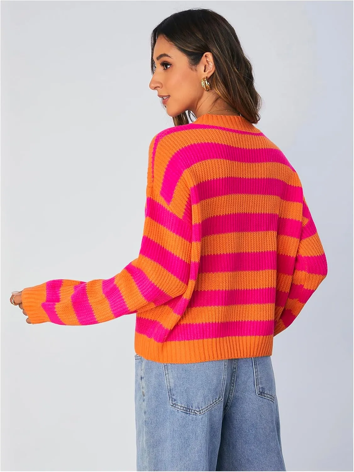 SOLY HUX Women's Color Block Striped Knit Tops Casual Long Sleeve Drop Shoulder Sweater Pullovers