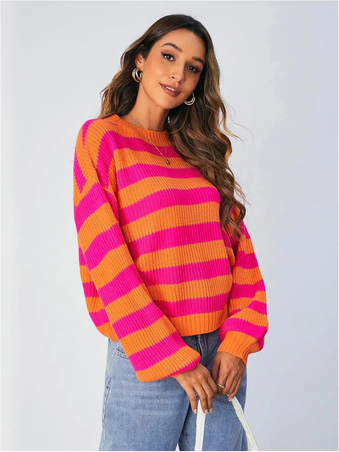 SOLY HUX Women's Color Block Striped Knit Tops Casual Long Sleeve Drop Shoulder Sweater Pullovers