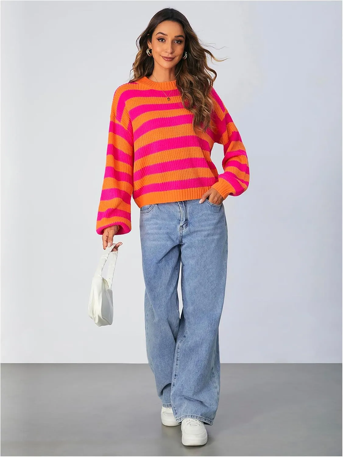 SOLY HUX Women's Color Block Striped Knit Tops Casual Long Sleeve Drop Shoulder Sweater Pullovers