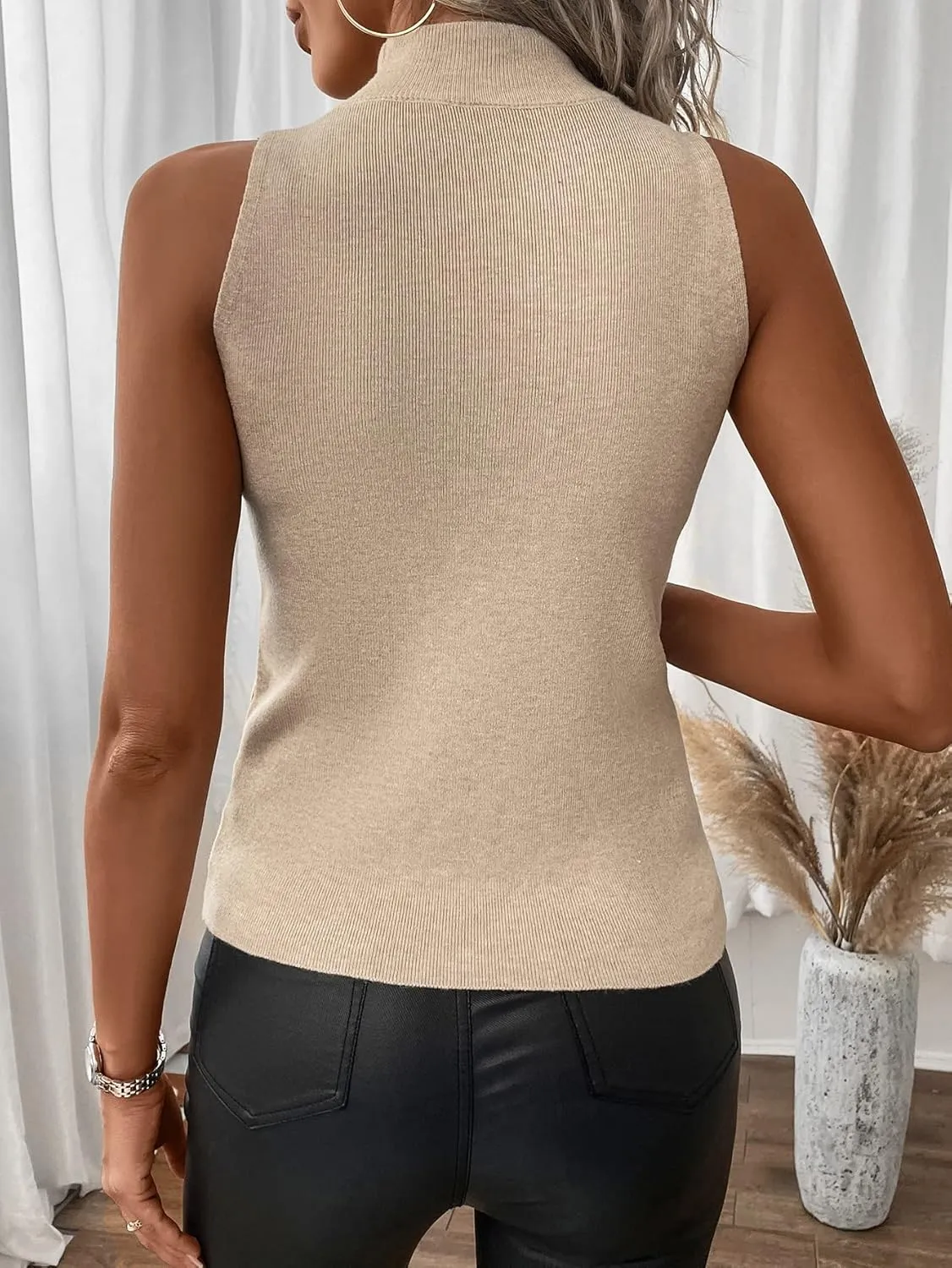 SOLY HUX Women's Mock Turtle Neck Tops Sexy Ribbed Knit Sleeveless Tank Tops Basic Slim Fitted Shirts