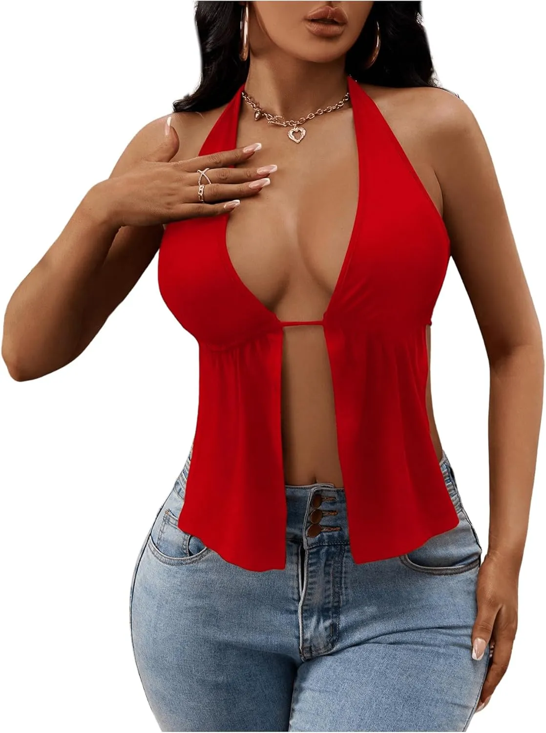SOLY HUX Women's Open Back Tops Split Front Halter Tie Backless Sleeveless Sexy Top
