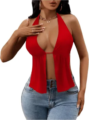 SOLY HUX Women's Open Back Tops Split Front Halter Tie Backless Sleeveless Sexy Top