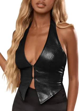 SOLY HUX Women's PU Leather Halter Tank Tops Sexy Deep V Neck Asymmetrical Vest Corset Party Clubwear