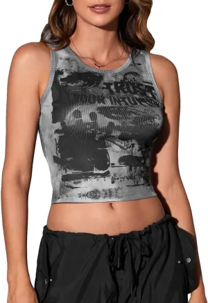 SOLY HUX Women's Y2K Gothic Graphic Tank Tops Scoop Neck Sleeveless Crop Going Out Tops Summer Clothes