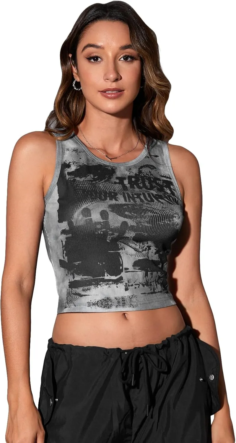 SOLY HUX Women's Y2K Gothic Graphic Tank Tops Scoop Neck Sleeveless Crop Going Out Tops Summer Clothes