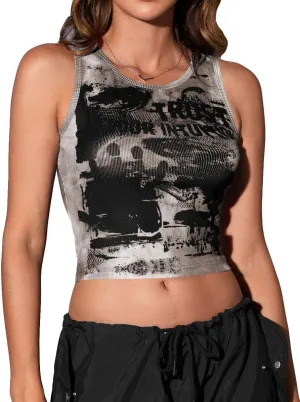 SOLY HUX Women's Y2K Gothic Graphic Tank Tops Scoop Neck Sleeveless Crop Going Out Tops Summer Clothes