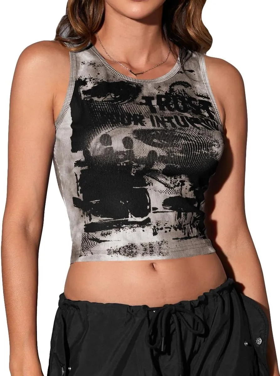 SOLY HUX Women's Y2K Gothic Graphic Tank Tops Scoop Neck Sleeveless Crop Going Out Tops Summer Clothes