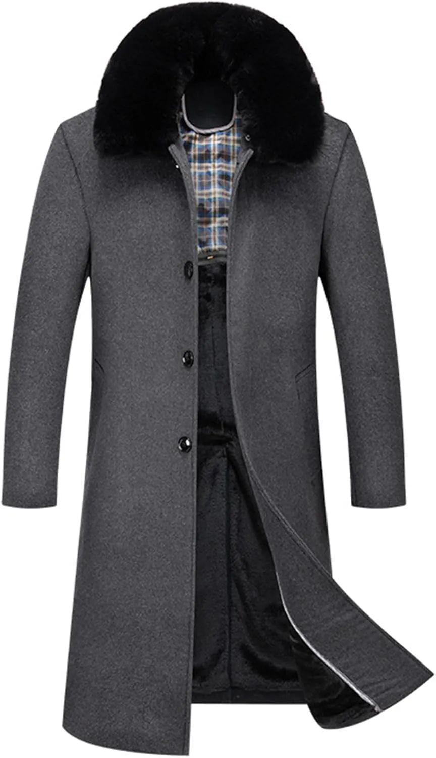 SOMTHRON Men's Wool Blend Trench Coat Faux Fur Collar Fleece Lined Single Breasted Jacket Winter Pea Coat Overcoat