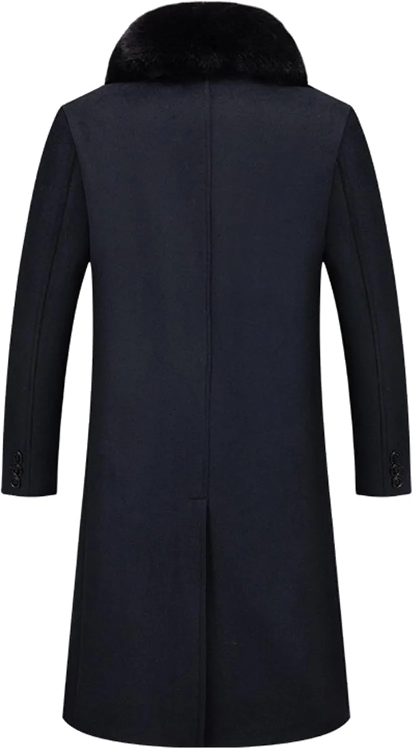 SOMTHRON Men's Wool Blend Trench Coat Faux Fur Collar Fleece Lined Single Breasted Jacket Winter Pea Coat Overcoat