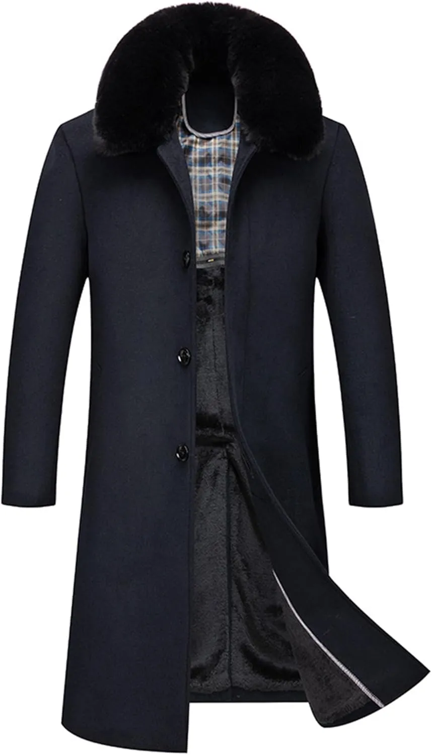 SOMTHRON Men's Wool Blend Trench Coat Faux Fur Collar Fleece Lined Single Breasted Jacket Winter Pea Coat Overcoat