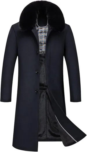 SOMTHRON Men's Wool Blend Trench Coat Faux Fur Collar Fleece Lined Single Breasted Jacket Winter Pea Coat Overcoat
