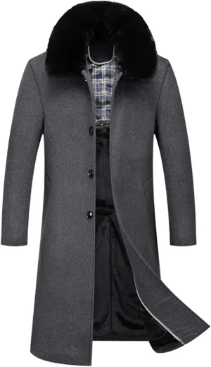 SOMTHRON Men's Wool Blend Trench Coat Faux Fur Collar Fleece Lined Single Breasted Jacket Winter Pea Coat Overcoat