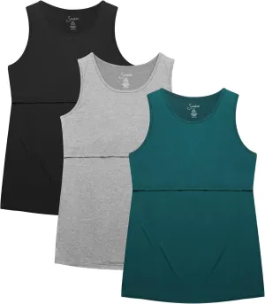 Sosolism 3 Pack Nursing Tank Tops Sleeveless Workout Pumping Shirts Scoop Neck Double Layer Summer Breastfeeding Tops