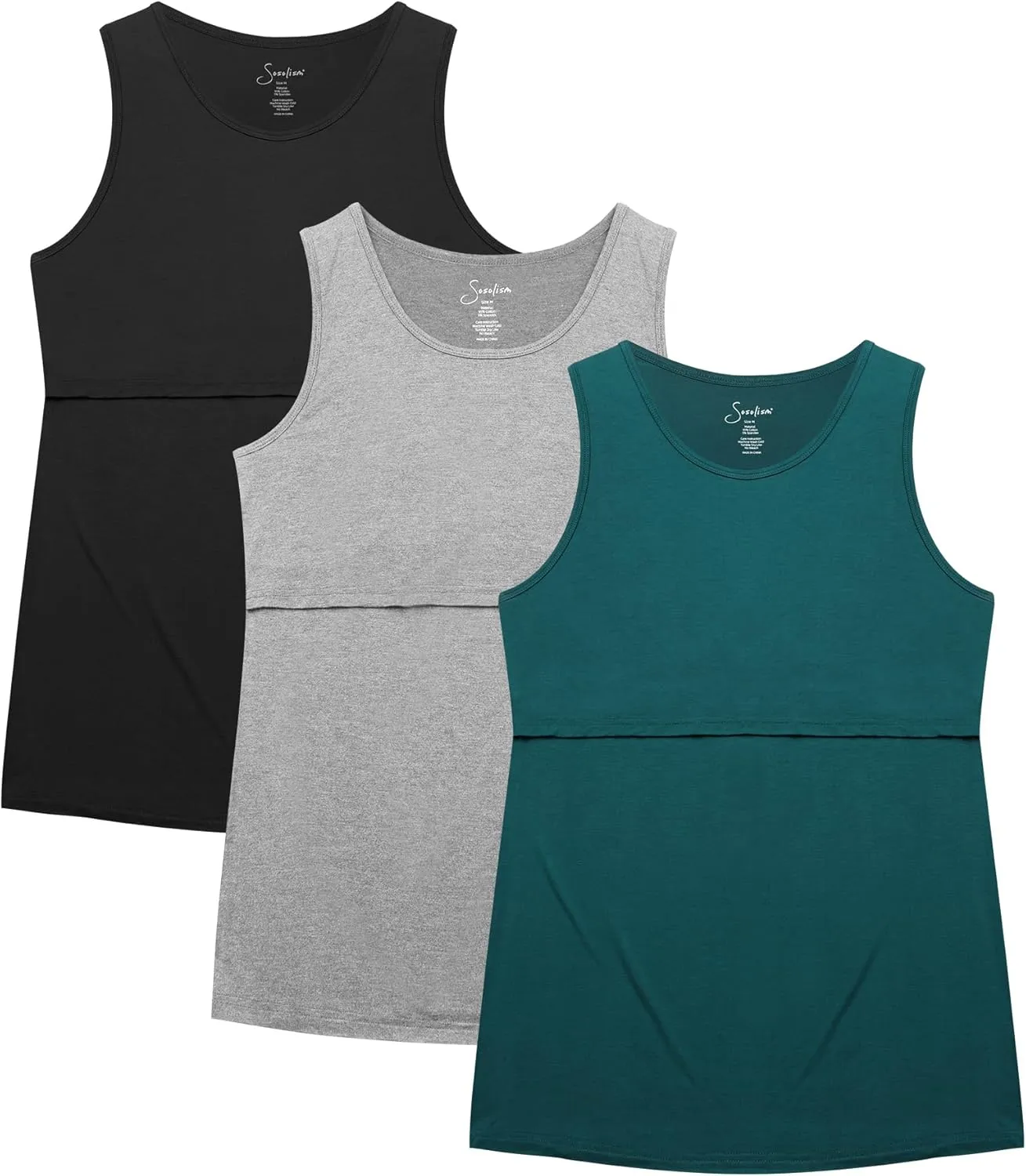 Sosolism 3 Pack Nursing Tank Tops Sleeveless Workout Pumping Shirts Scoop Neck Double Layer Summer Breastfeeding Tops