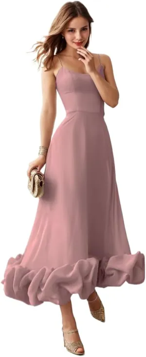 Spaghetti Strap Prom Dresses for Women 2025 Satin Ruffle Formal Evening Party Dress Tea Length PM016