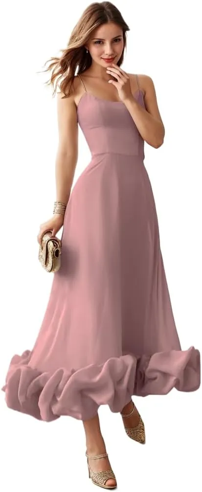 Spaghetti Strap Prom Dresses for Women 2025 Satin Ruffle Formal Evening Party Dress Tea Length PM016