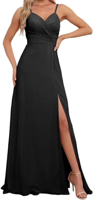 Spaghetti Straps Bridesmaid Dresses for Wedding Chiffon Formal Evening Party Prom Maxi Gown with Slit AN366