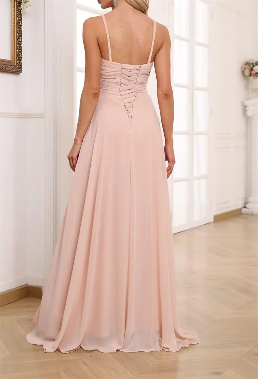 Spaghetti Straps Bridesmaid Dresses for Wedding Chiffon Formal Evening Party Prom Maxi Gown with Slit AN366