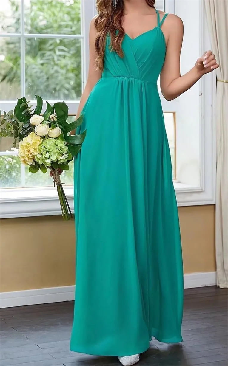 Spaghetti Straps Bridesmaid Dresses for Wedding Chiffon V Neck Formal Evening Party Prom Maxi Gown with Slit AN365