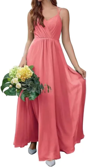 Spaghetti Straps Bridesmaid Dresses for Wedding Chiffon V Neck Formal Evening Party Prom Maxi Gown with Slit AN365