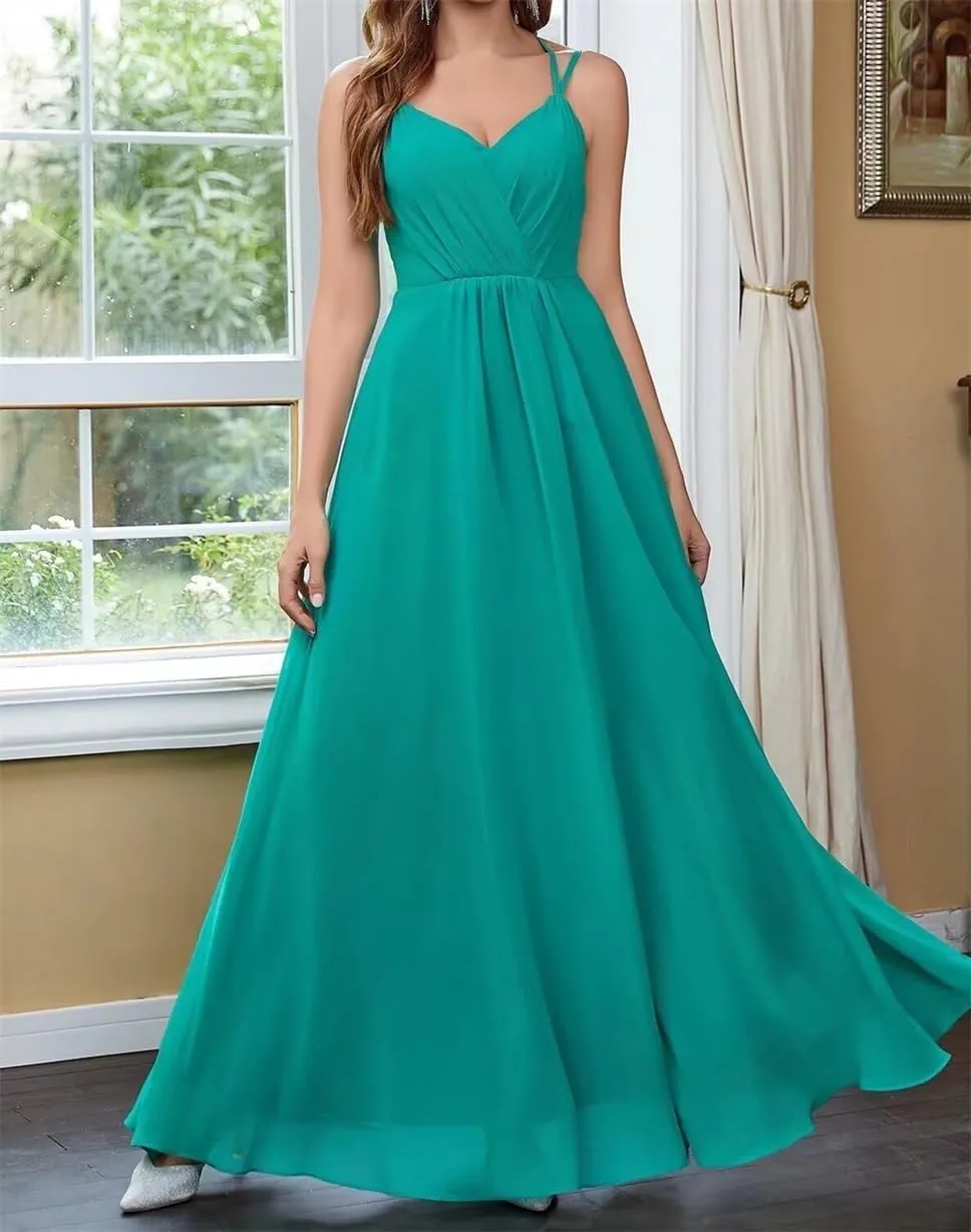 Spaghetti Straps Bridesmaid Dresses for Wedding Chiffon V Neck Formal Evening Party Prom Maxi Gown with Slit AN365