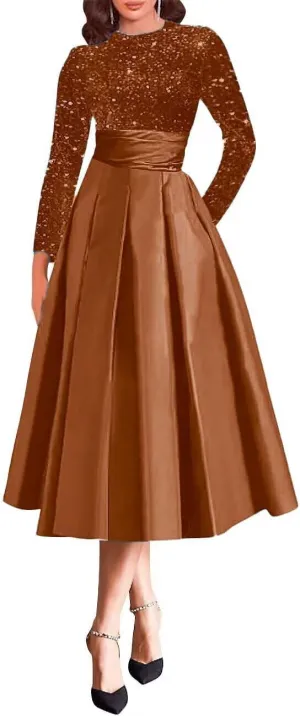 Sparkly Long Sleeve Mother of The Bride Dress Tea Length Satin A-Line Evening Gowns for Women