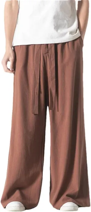 Spring Summer Men Cotton Linen Wide Leg Pants Chinese Style Vintage Harem Pants Casual Solid Color
