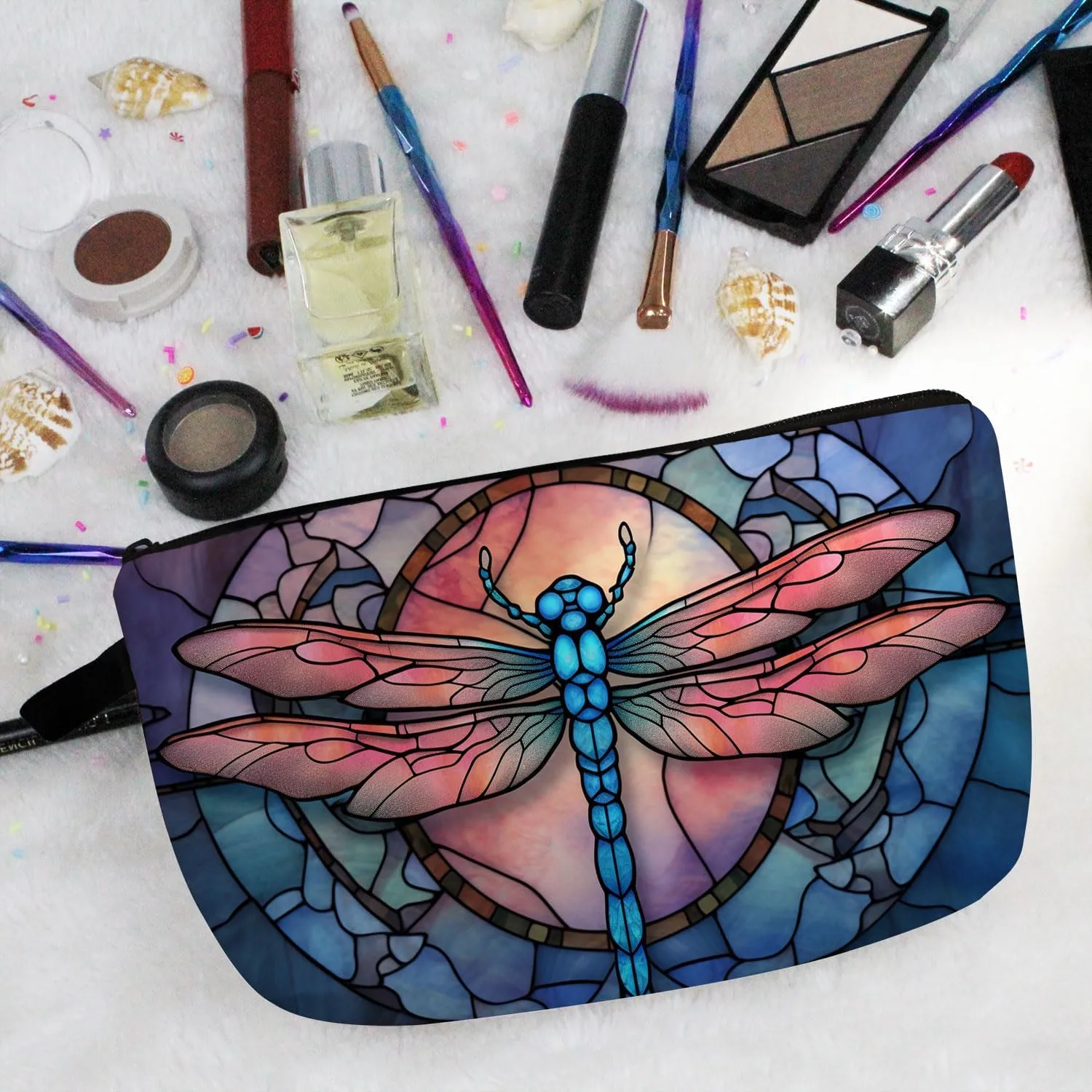 Stained Glass Dragonfly Makeup Bag Colorful Dragonfly Cute Small Organizer Bag Zipper Pouch Stained Glass Design Dragonfly Cosmetic Bag Present for Women Friends