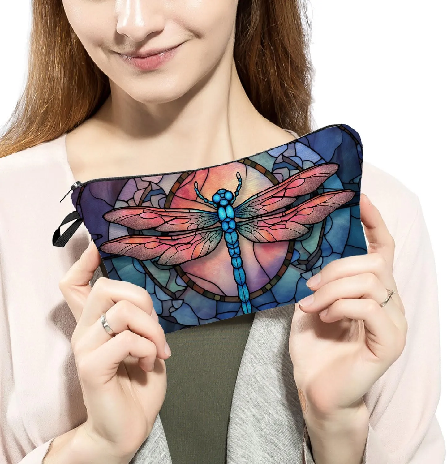 Stained Glass Dragonfly Makeup Bag Colorful Dragonfly Cute Small Organizer Bag Zipper Pouch Stained Glass Design Dragonfly Cosmetic Bag Present for Women Friends