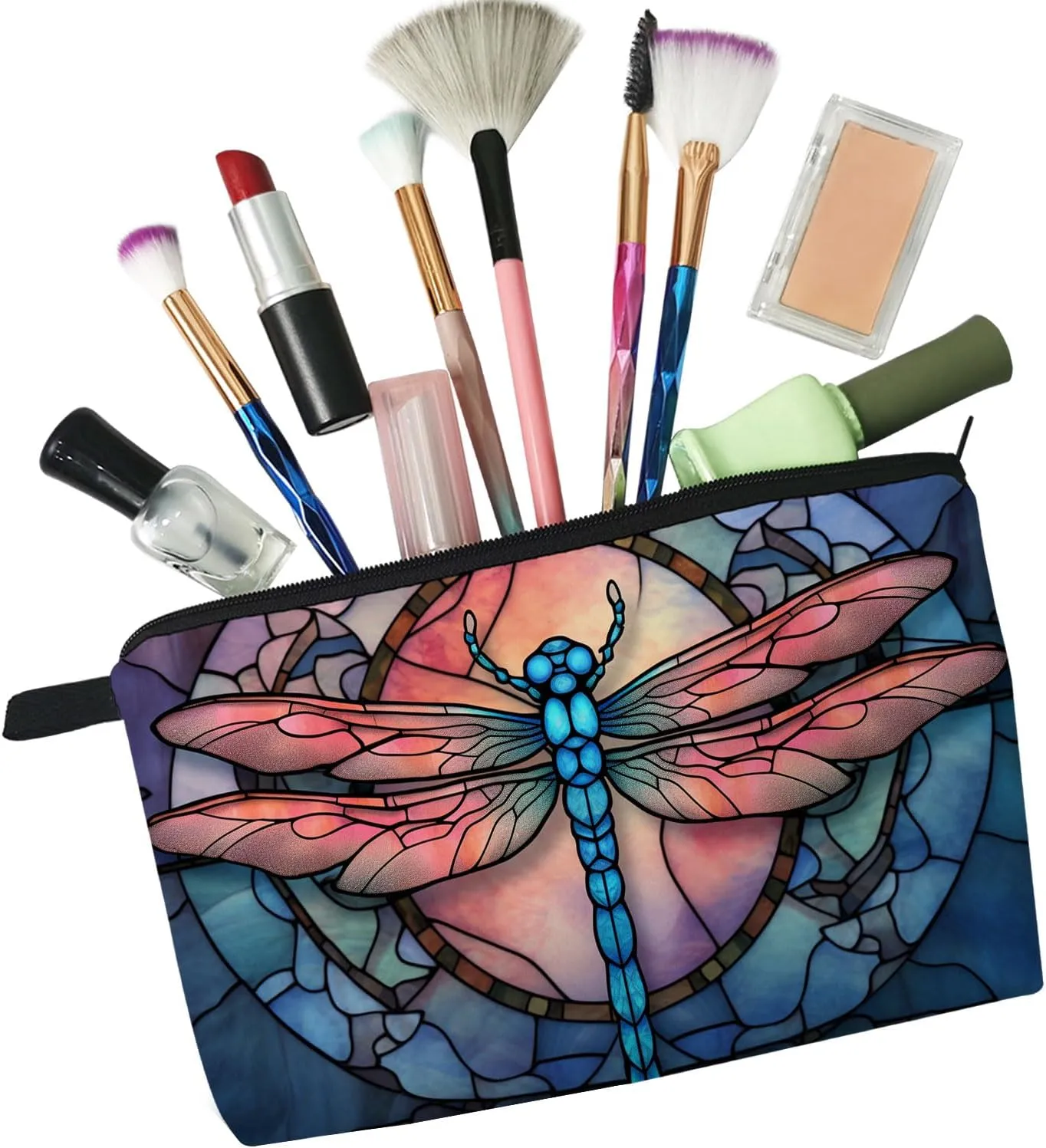 Stained Glass Dragonfly Makeup Bag Colorful Dragonfly Cute Small Organizer Bag Zipper Pouch Stained Glass Design Dragonfly Cosmetic Bag Present for Women Friends