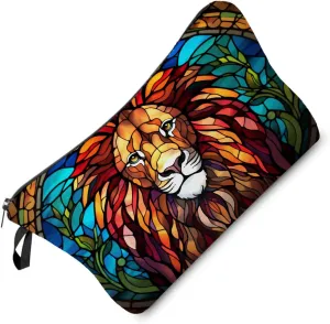 Stained Glass Lion Makeup Bag Colorful Lion Cute Small Organizer Bag Zipper Pouch Stained Glass Design Lion Cosmetic Bag Present for Lion Lovers Women Friends
