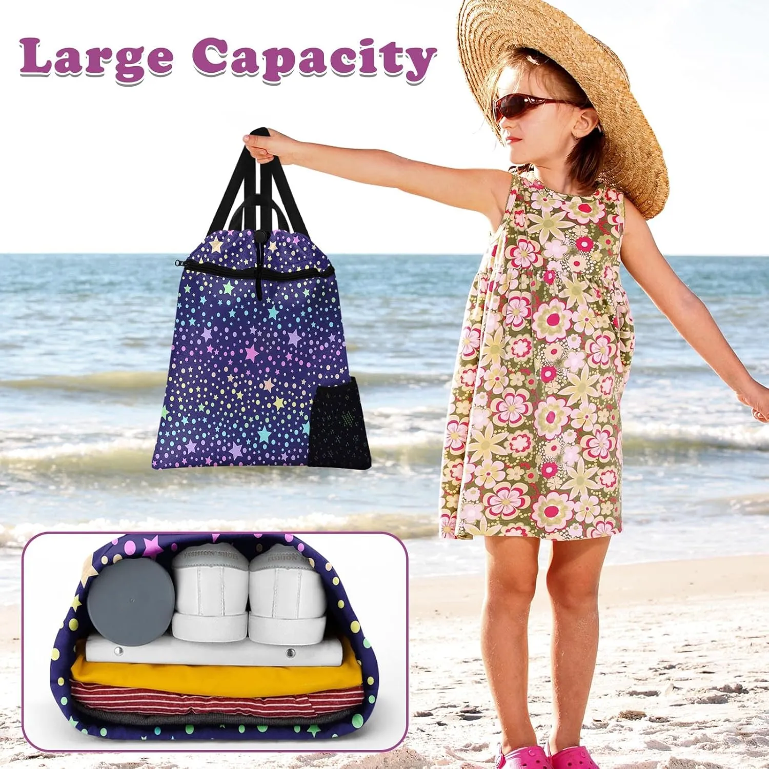 Starry Galaxy Gym Drawstring Backpack Waterproof Unicorn Princess Rainbow Girl Swimming Beach Sackpack, Sports Yoga Dance Travel String Bag Gift Bags with Water Bottle Pocket