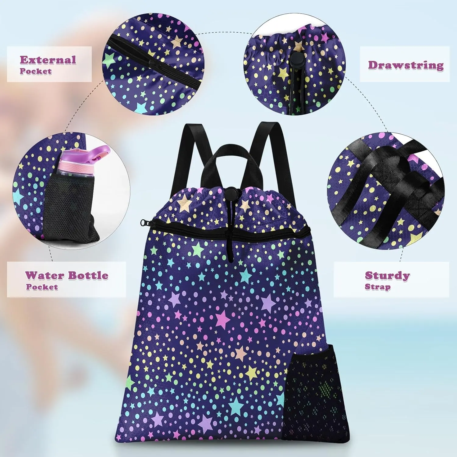 Starry Galaxy Gym Drawstring Backpack Waterproof Unicorn Princess Rainbow Girl Swimming Beach Sackpack, Sports Yoga Dance Travel String Bag Gift Bags with Water Bottle Pocket