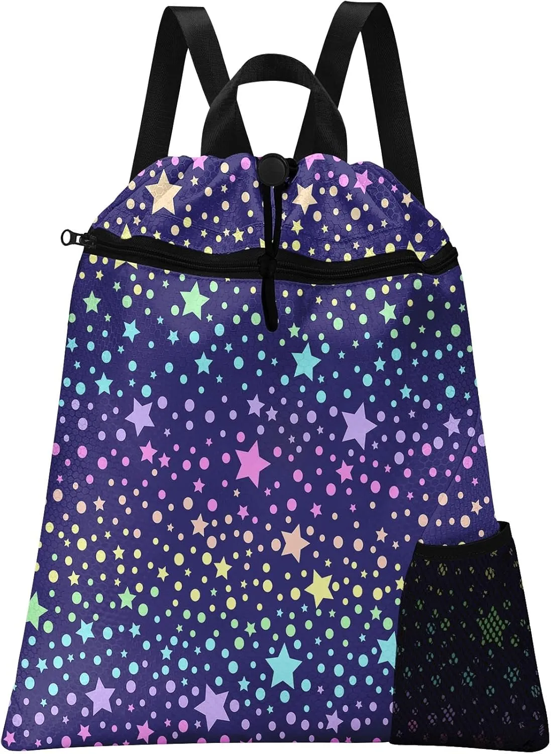 Starry Galaxy Gym Drawstring Backpack Waterproof Unicorn Princess Rainbow Girl Swimming Beach Sackpack, Sports Yoga Dance Travel String Bag Gift Bags with Water Bottle Pocket